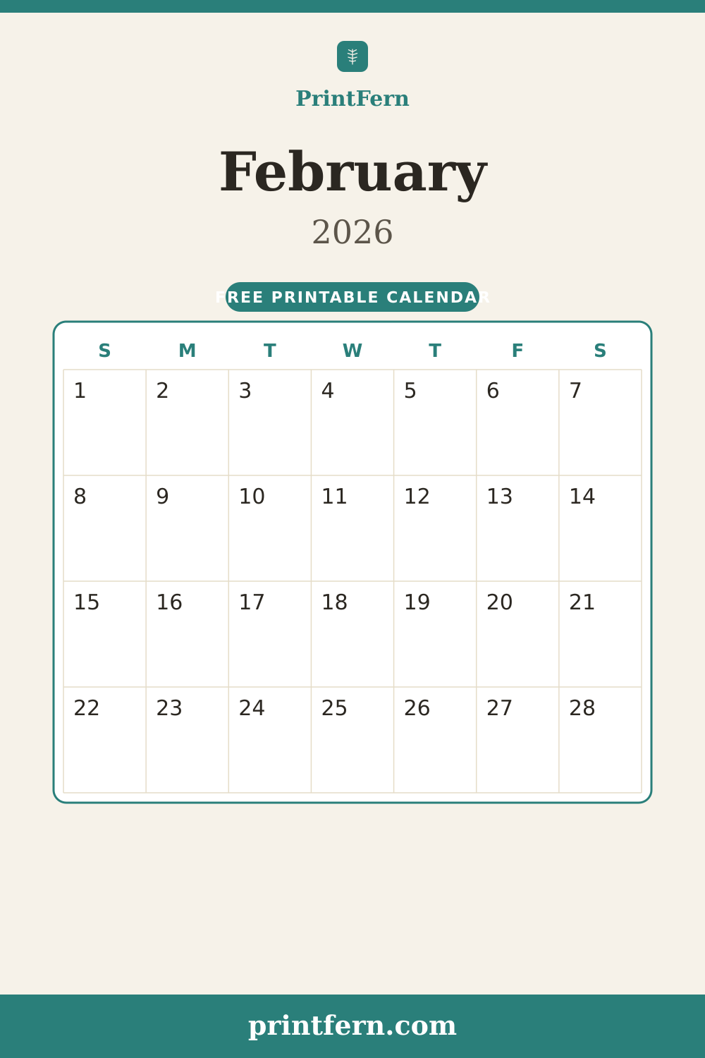 February 2026 calendar, free printable PDF