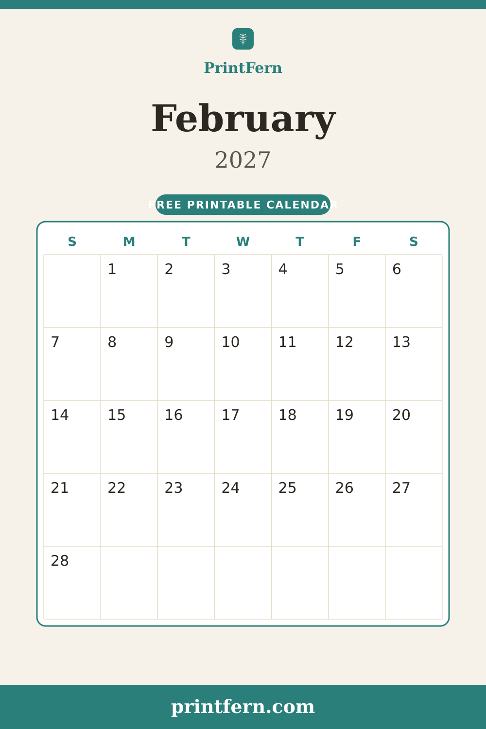 February 2027 calendar, free printable PDF