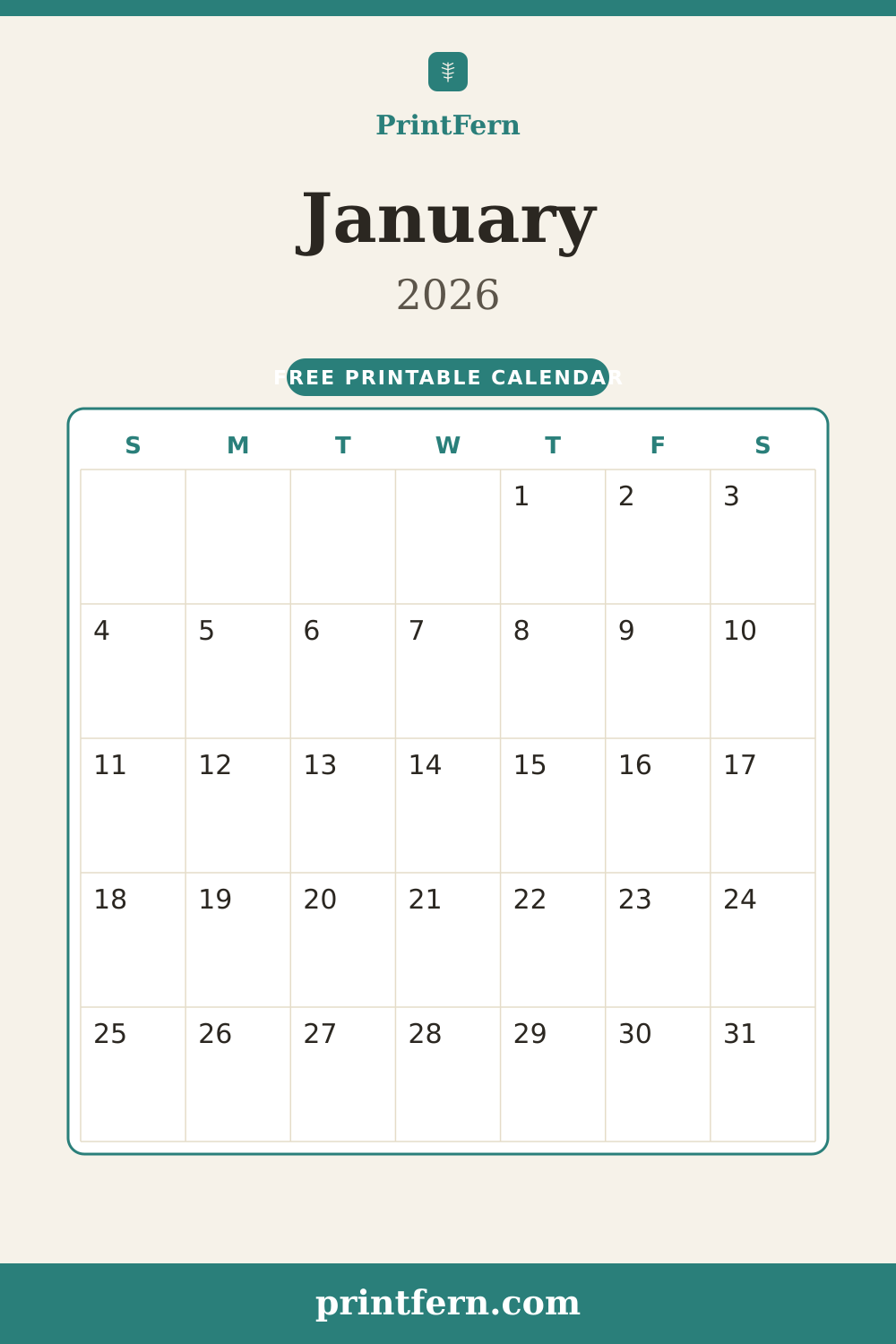January 2026 calendar, free printable PDF