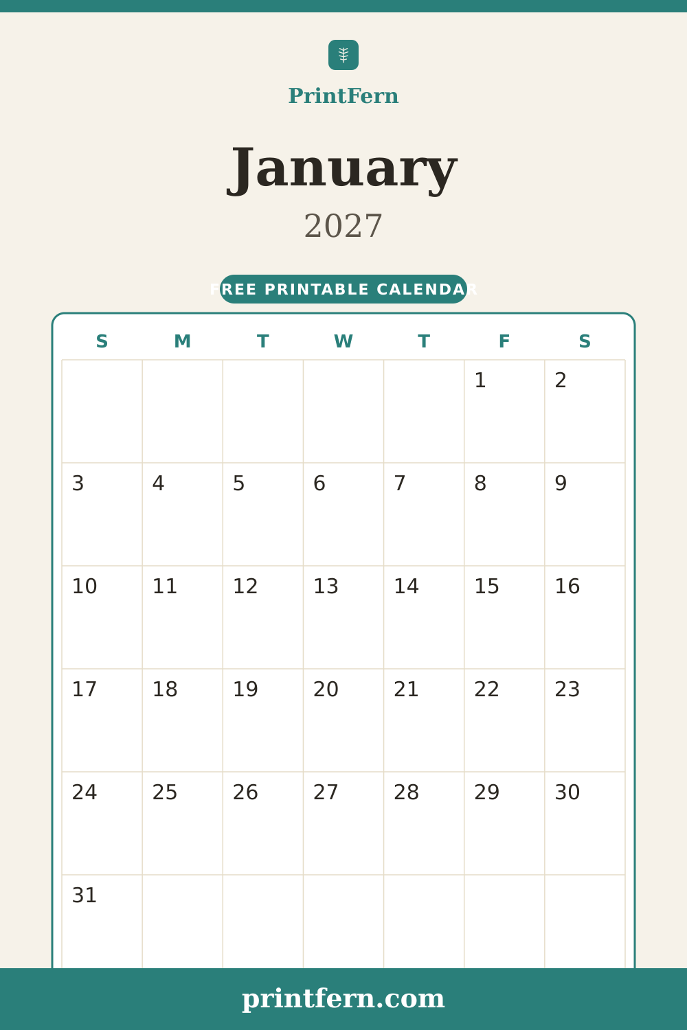 January 2027 calendar, free printable PDF