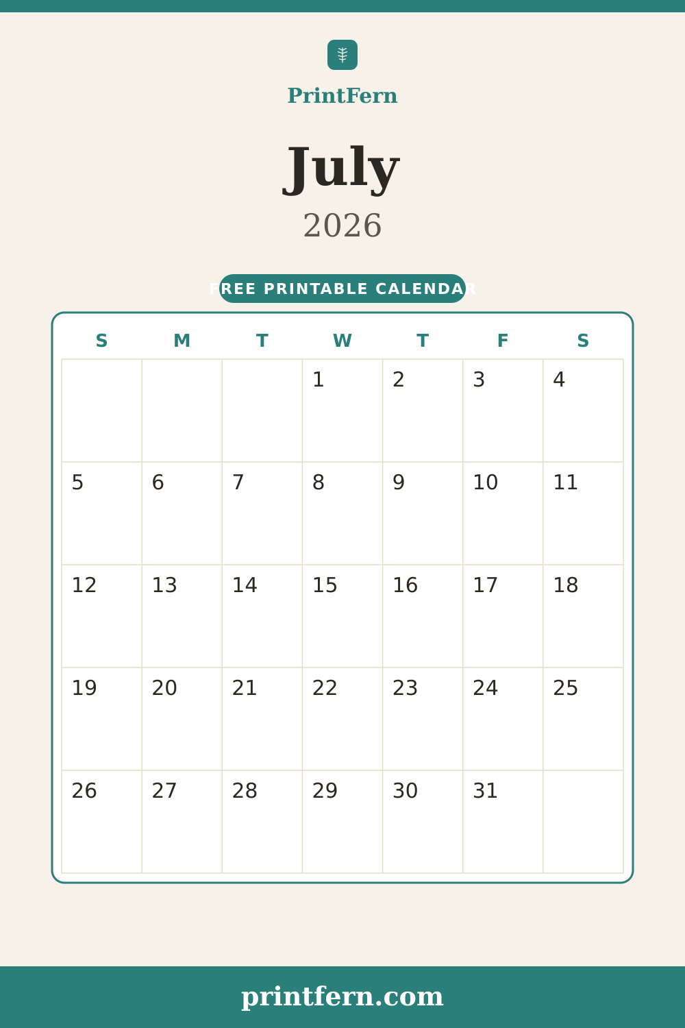 July 2026 calendar, free printable PDF
