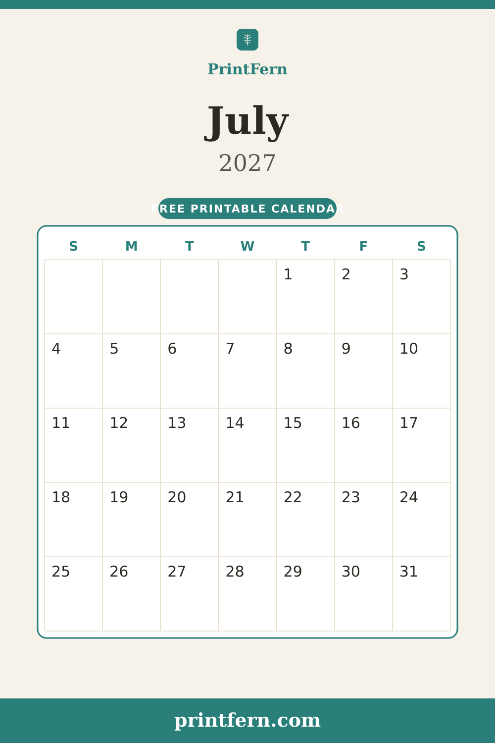 July 2027 calendar, free printable PDF