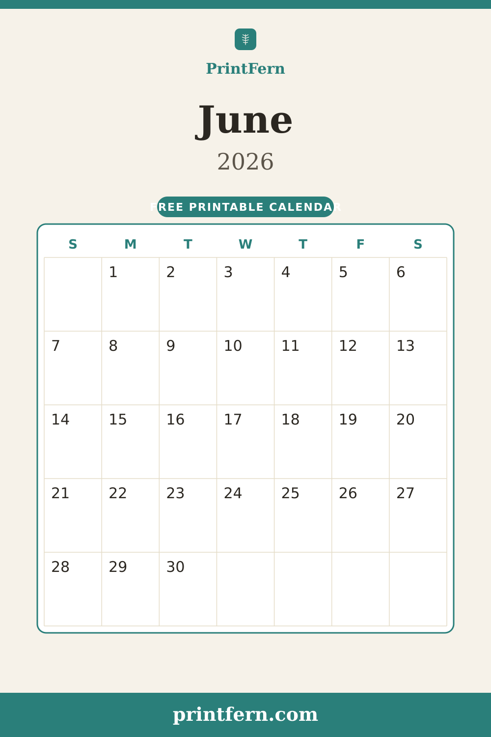June 2026 calendar, free printable PDF