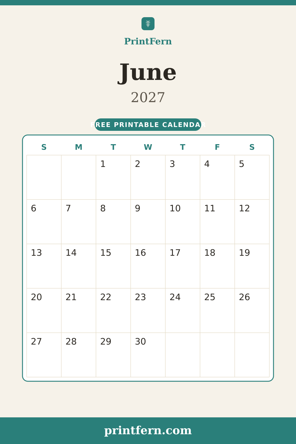 June 2027 calendar, free printable PDF