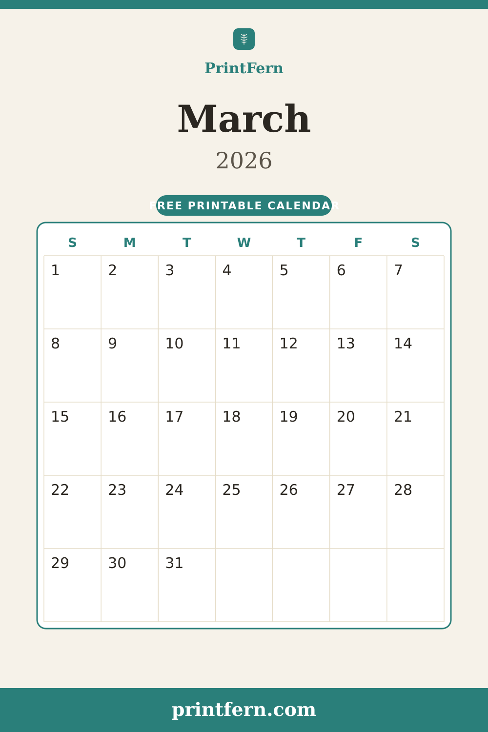 March 2026 calendar, free printable PDF