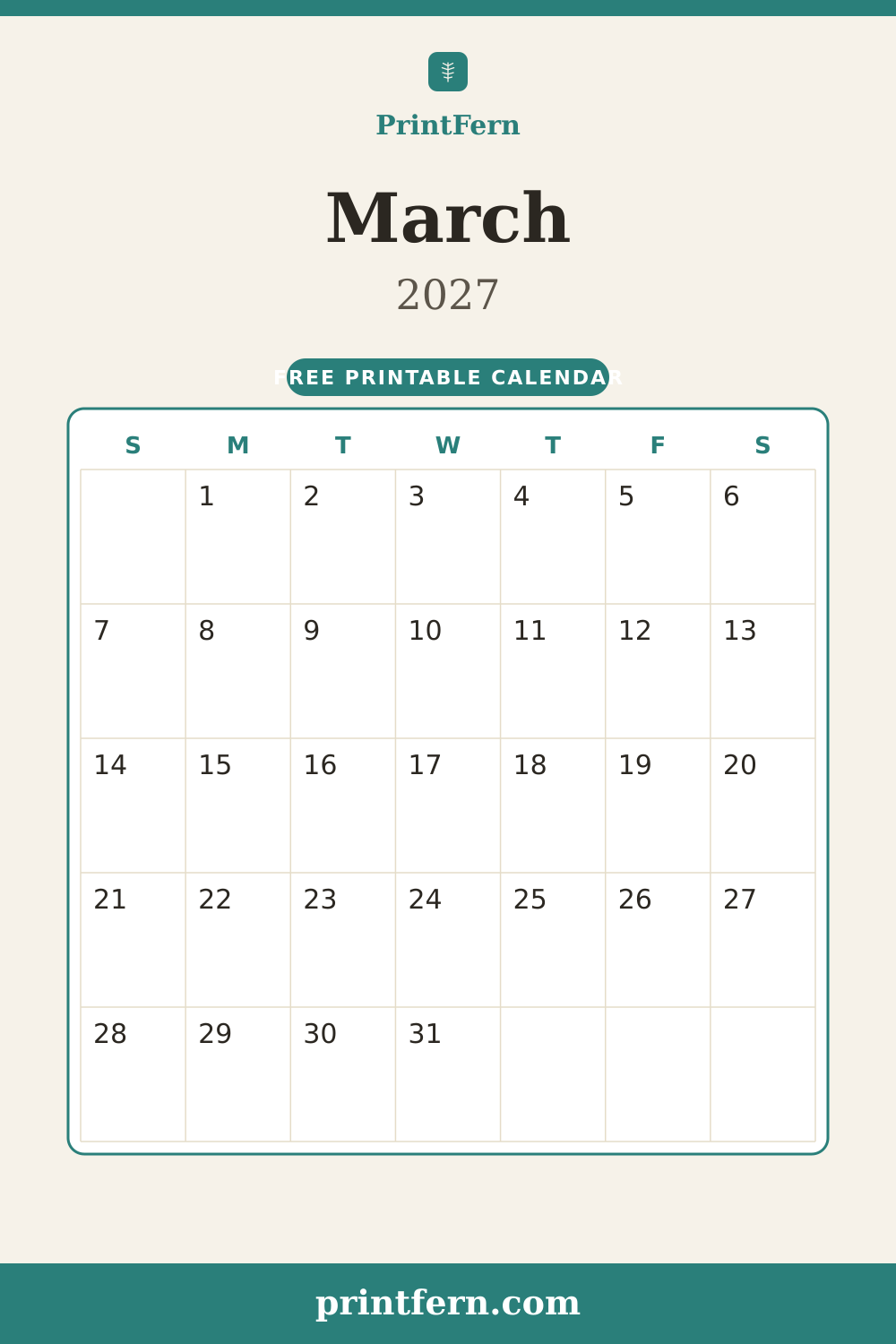 March 2027 calendar, free printable PDF