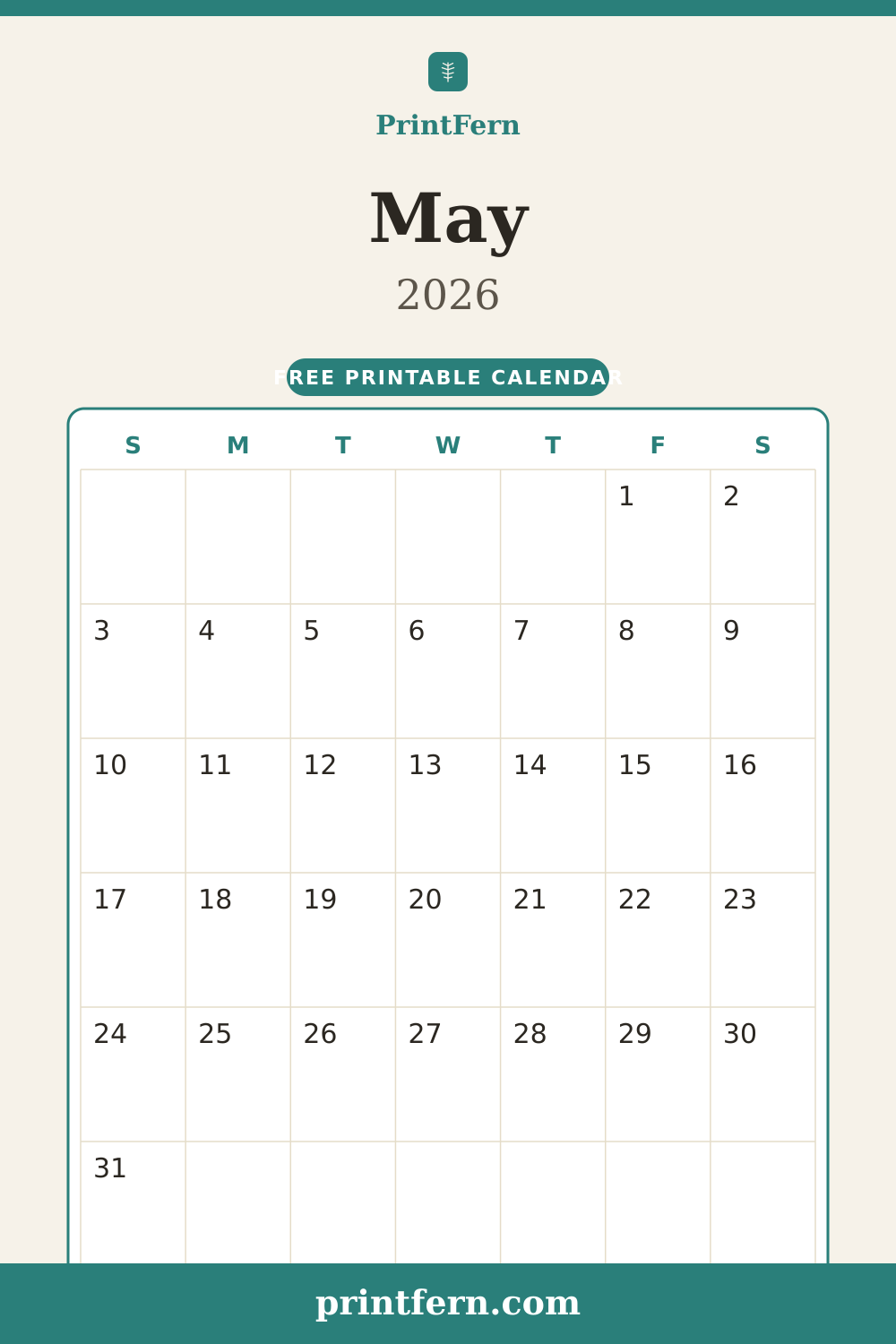 May 2026 calendar, free printable PDF