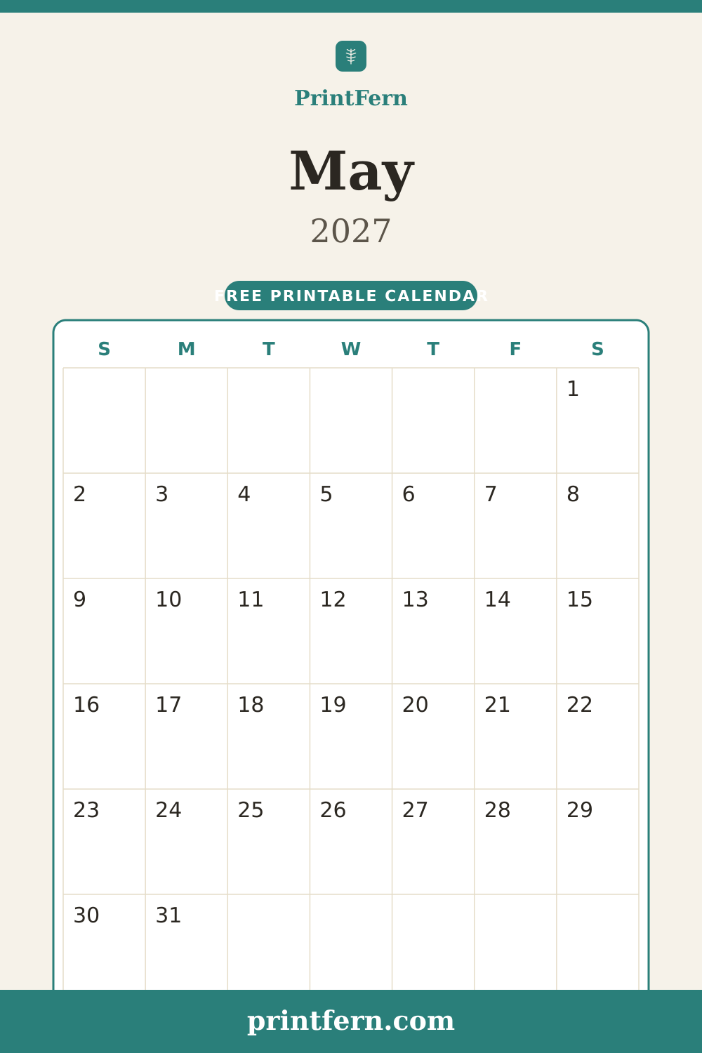 May 2027 calendar, free printable PDF