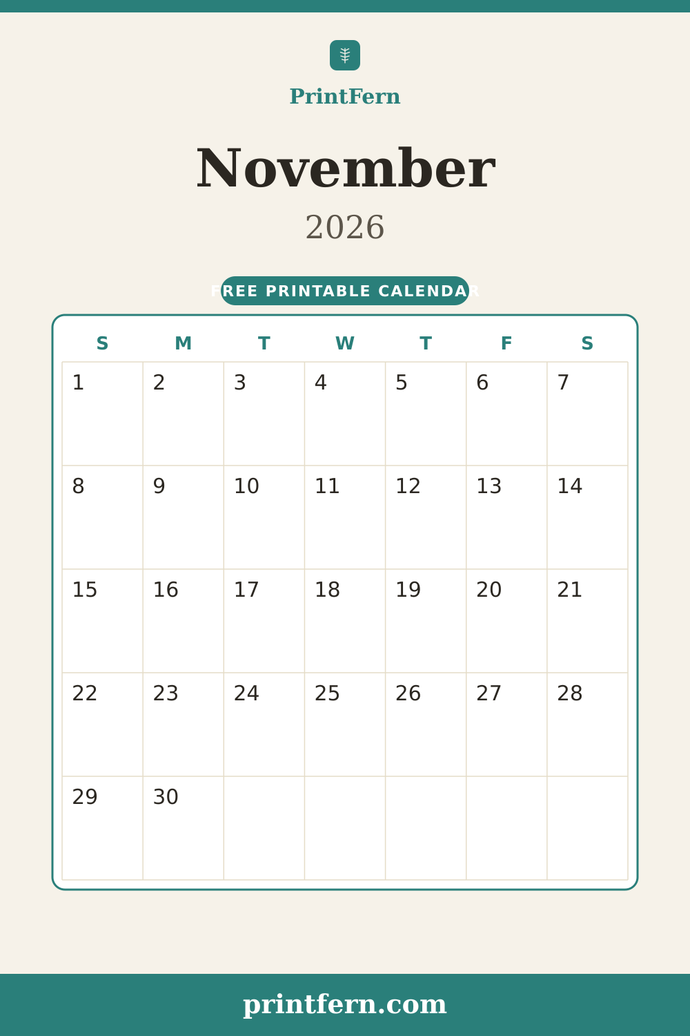November 2026 calendar, free printable PDF