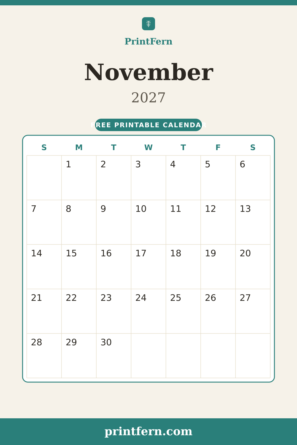 November 2027 calendar, free printable PDF