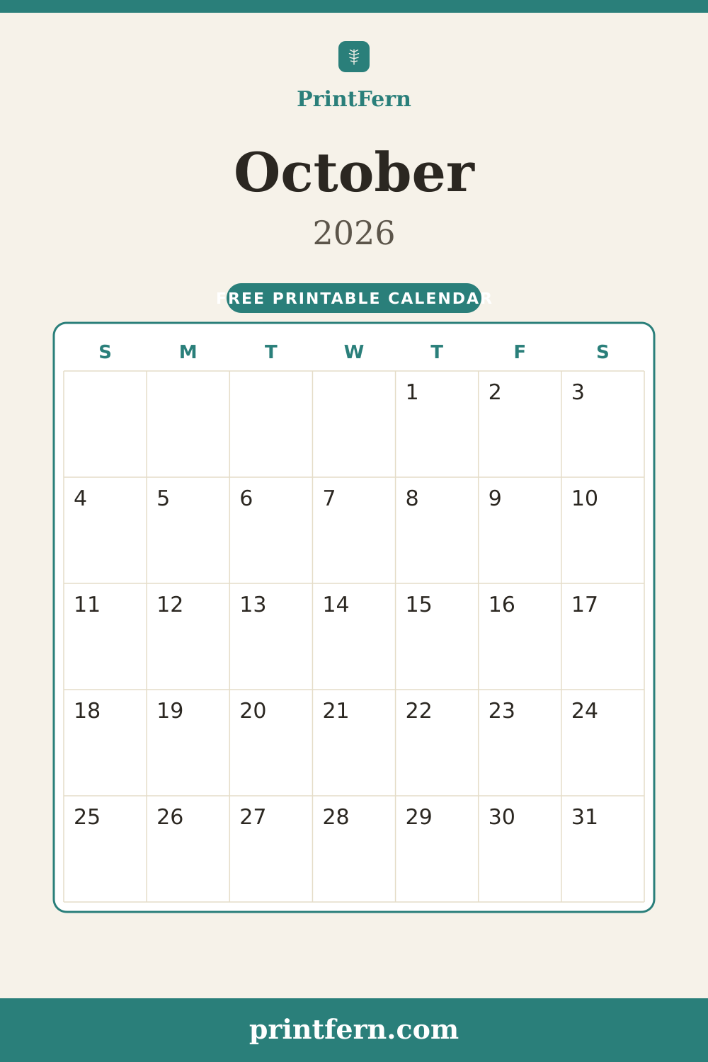 October 2026 calendar, free printable PDF
