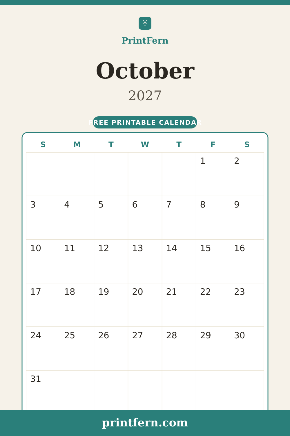 October 2027 calendar, free printable PDF