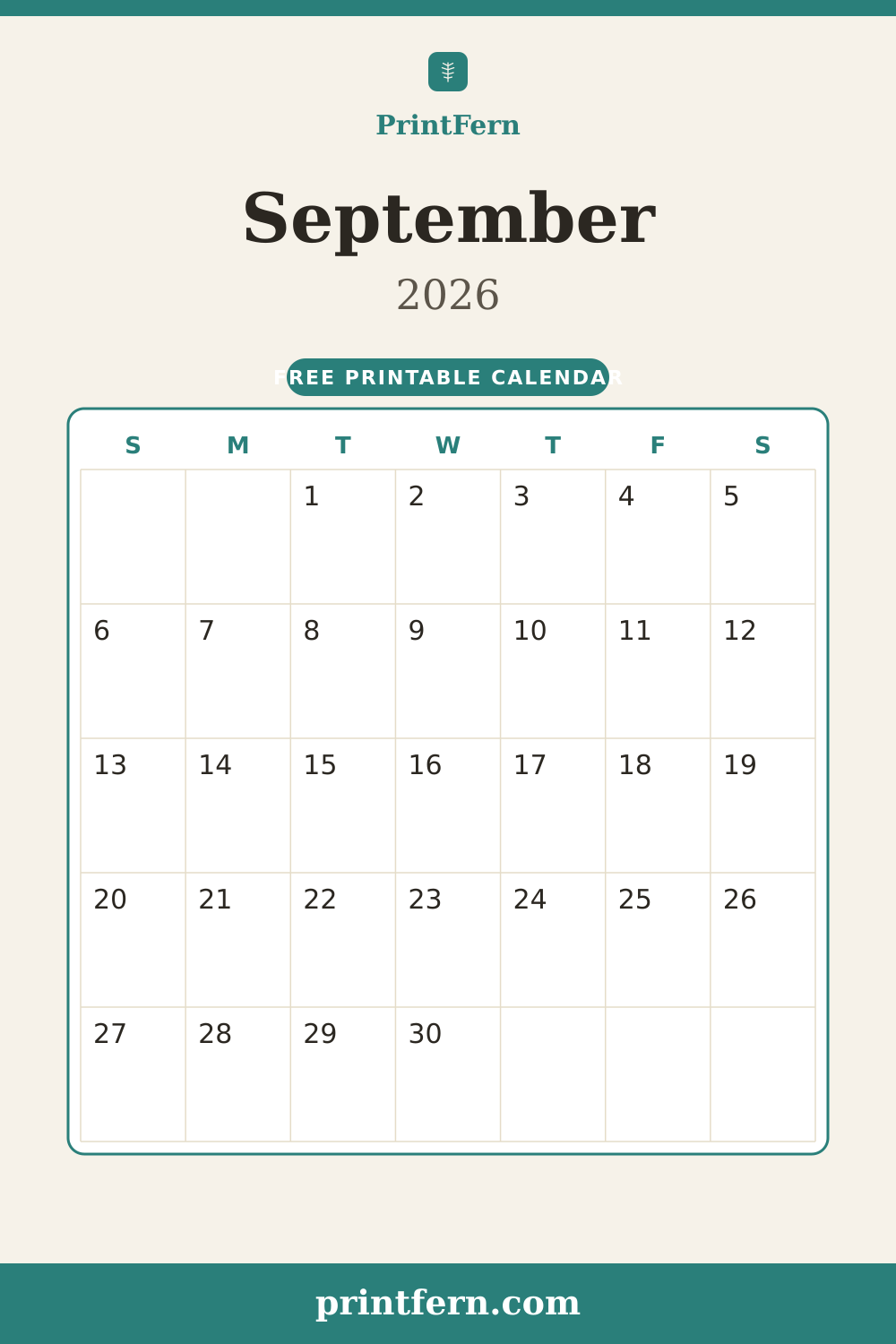 September 2026 calendar, free printable PDF