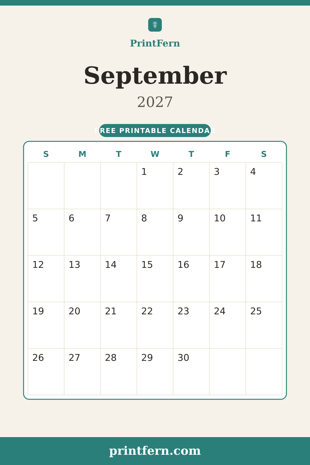 September 2027 calendar, free printable PDF