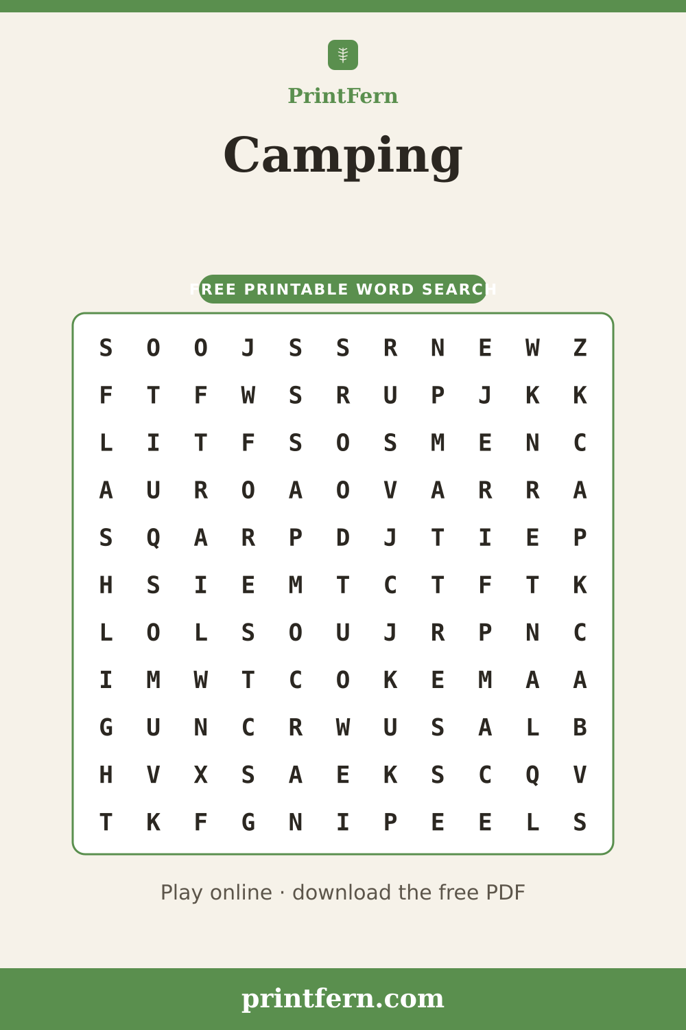 Camping Word Search, free printable PDF preview