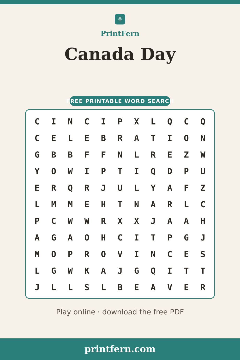 Canada Day Word Search, free printable PDF preview
