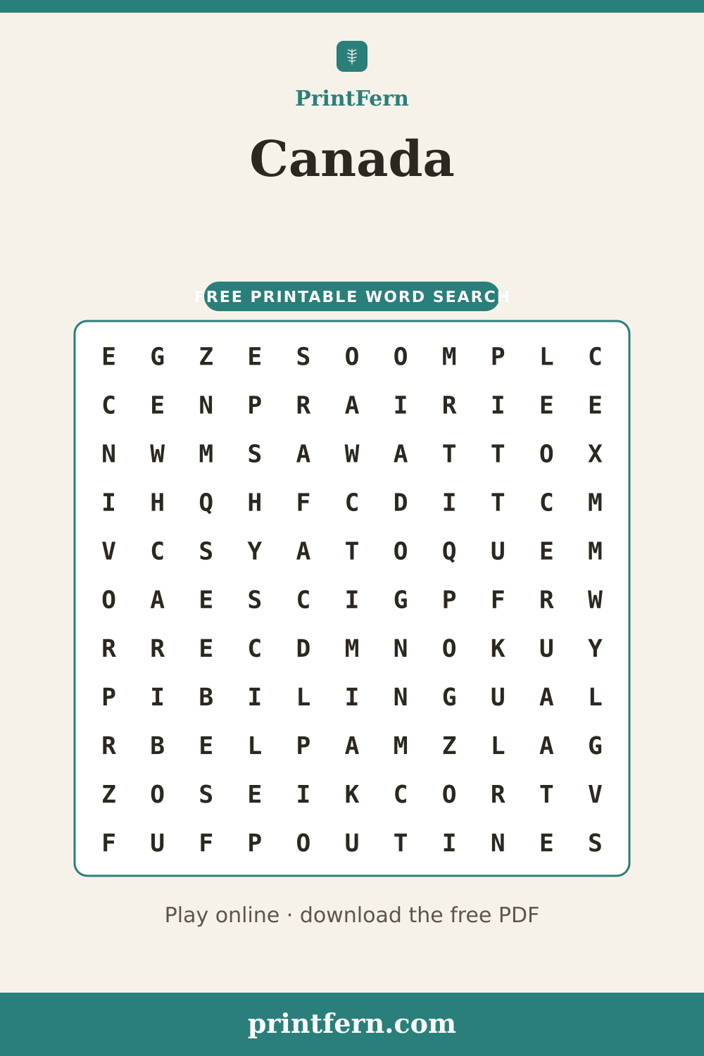 Canada Word Search, free printable PDF preview
