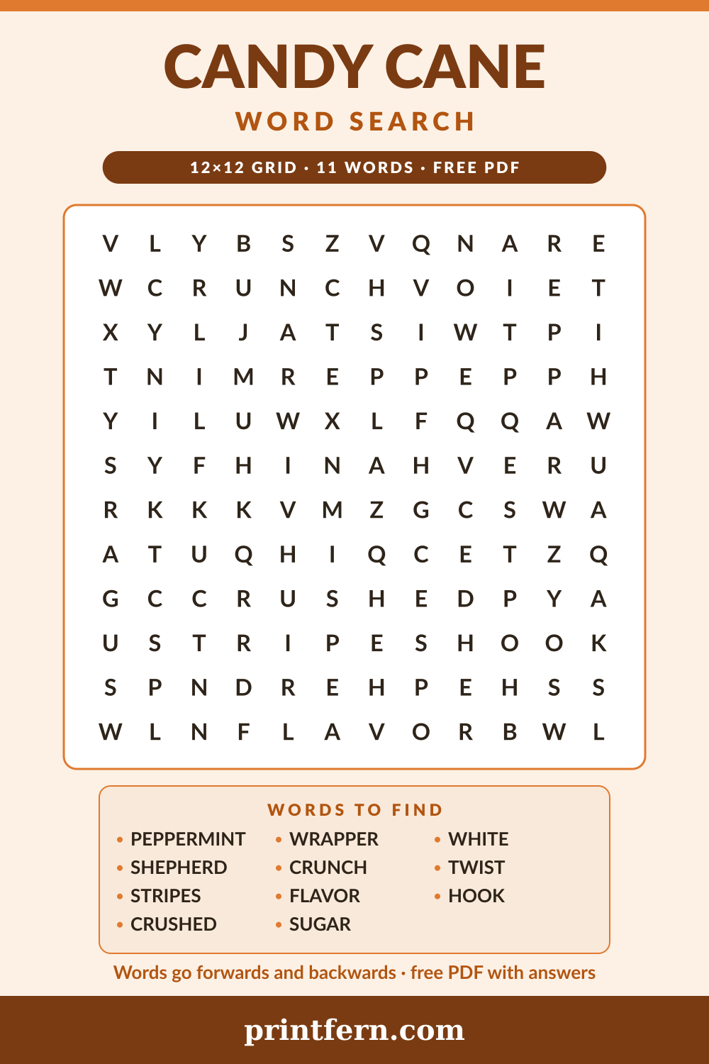 Candy Cane Word Search, free printable PDF preview