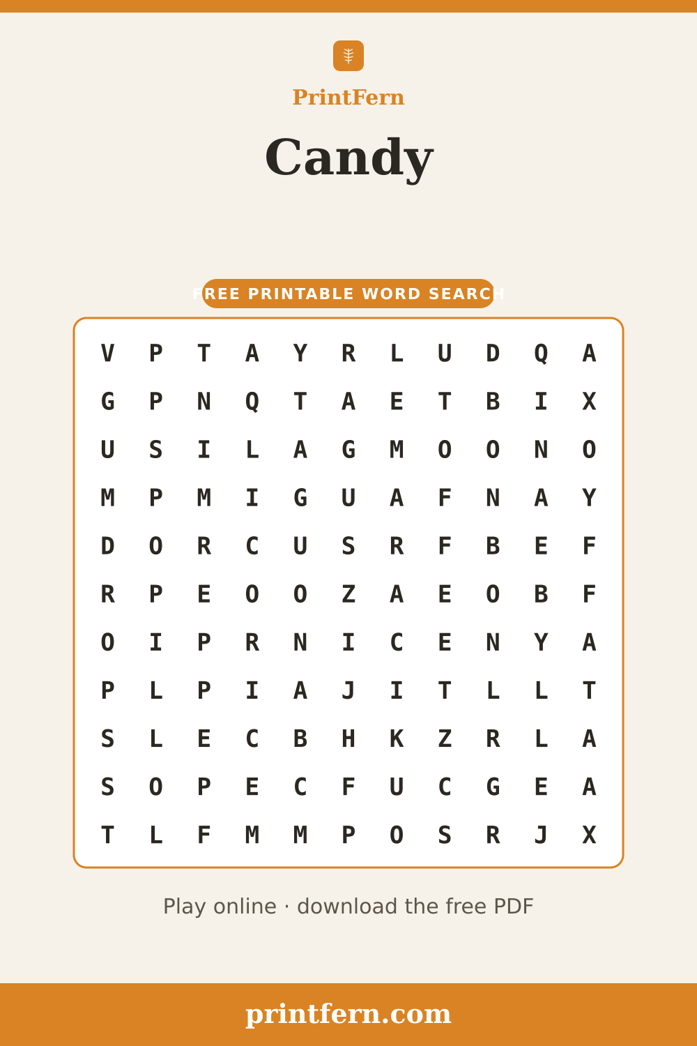 Candy Word Search, free printable PDF preview