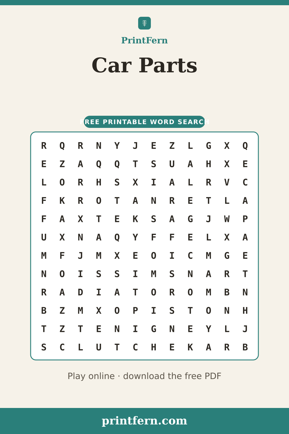 Car Parts Word Search, free printable PDF preview