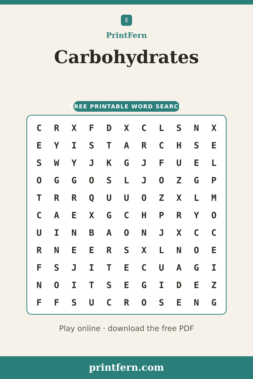 Carbohydrates Word Search, free printable PDF preview