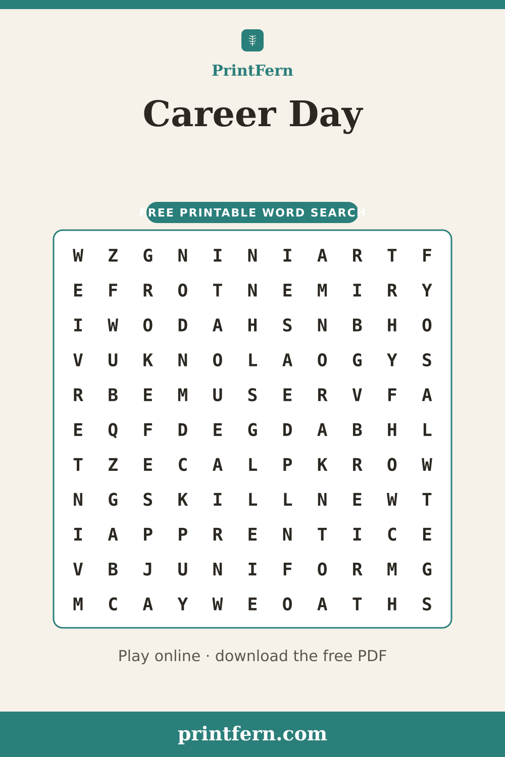 Career Day Word Search, free printable PDF preview