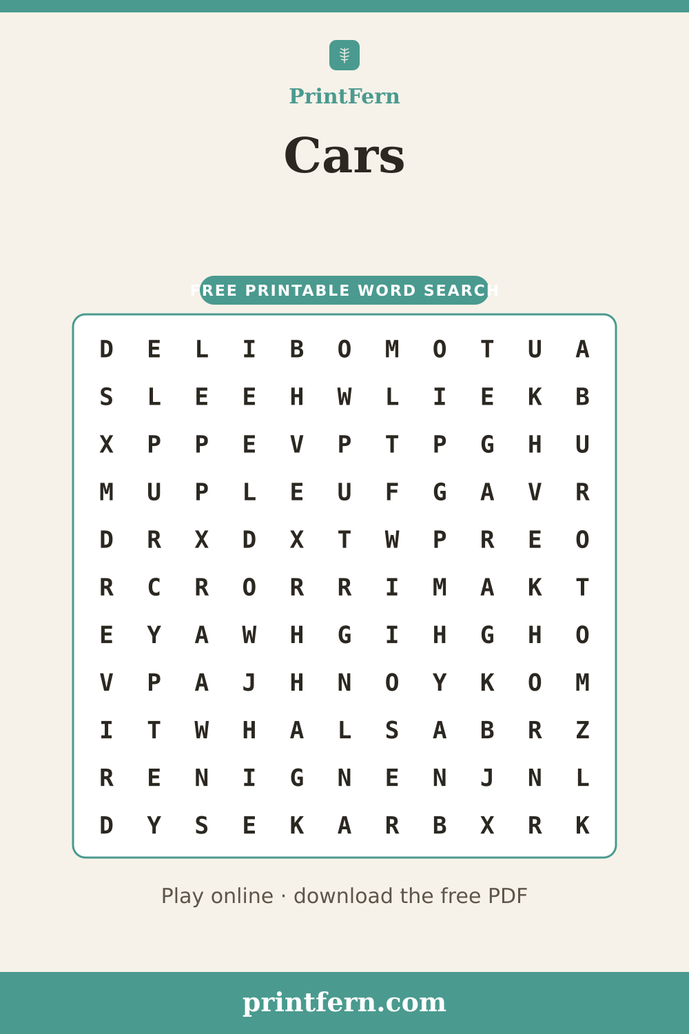 Cars Word Search, free printable PDF preview