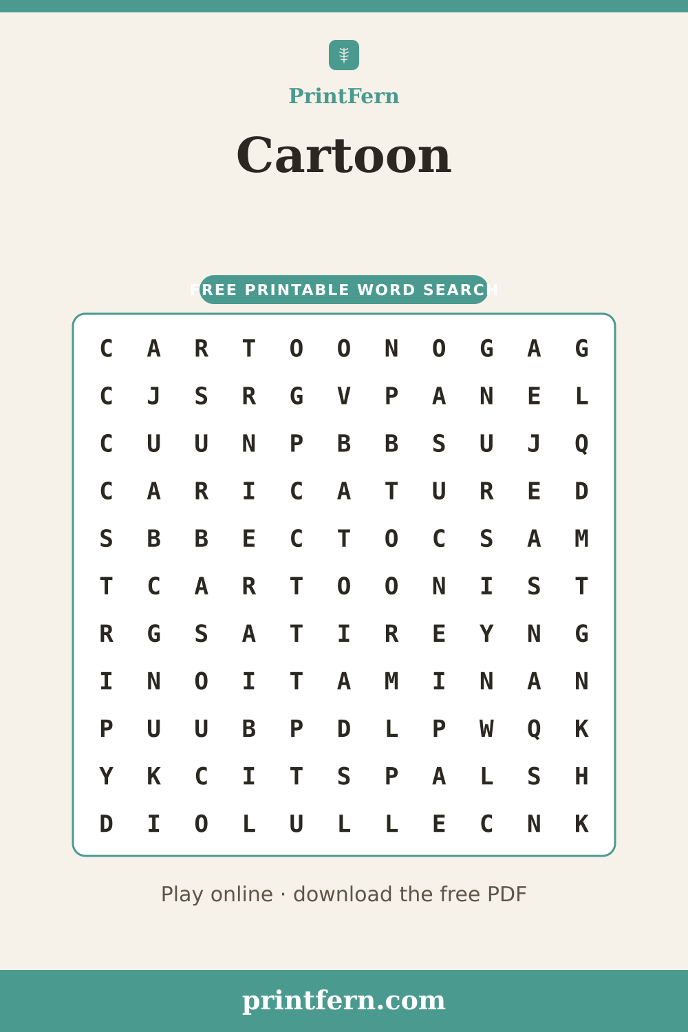 Cartoon Word Search, free printable PDF preview