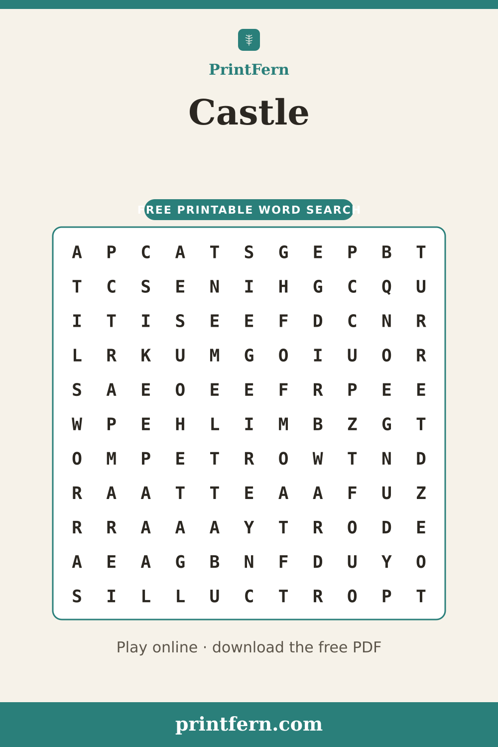 Castle Word Search, free printable PDF preview