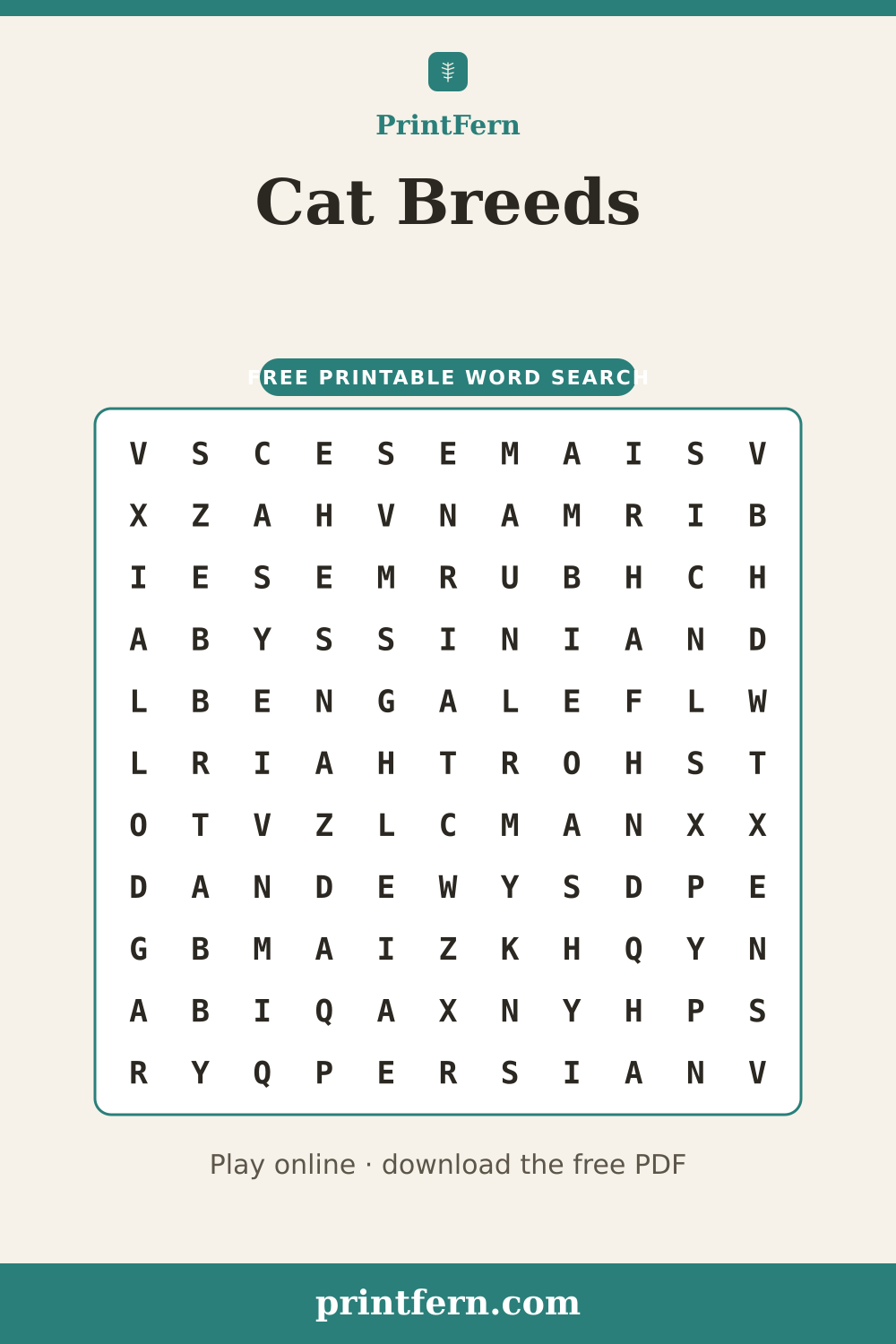 Cat Breeds Word Search, free printable PDF preview
