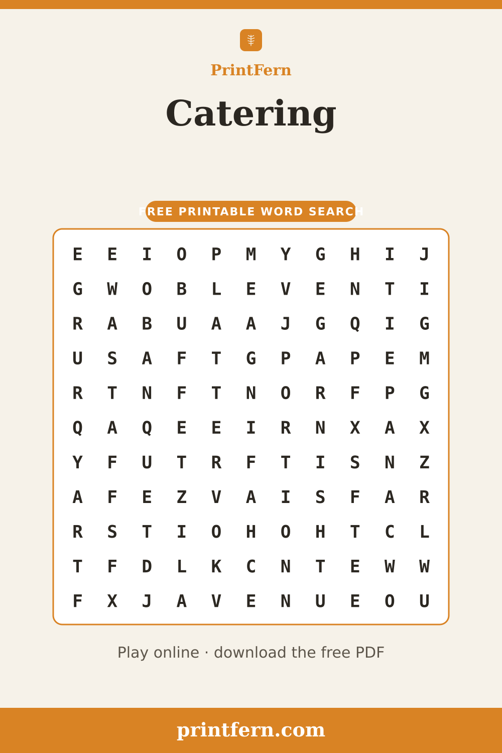 Catering Word Search, free printable PDF preview