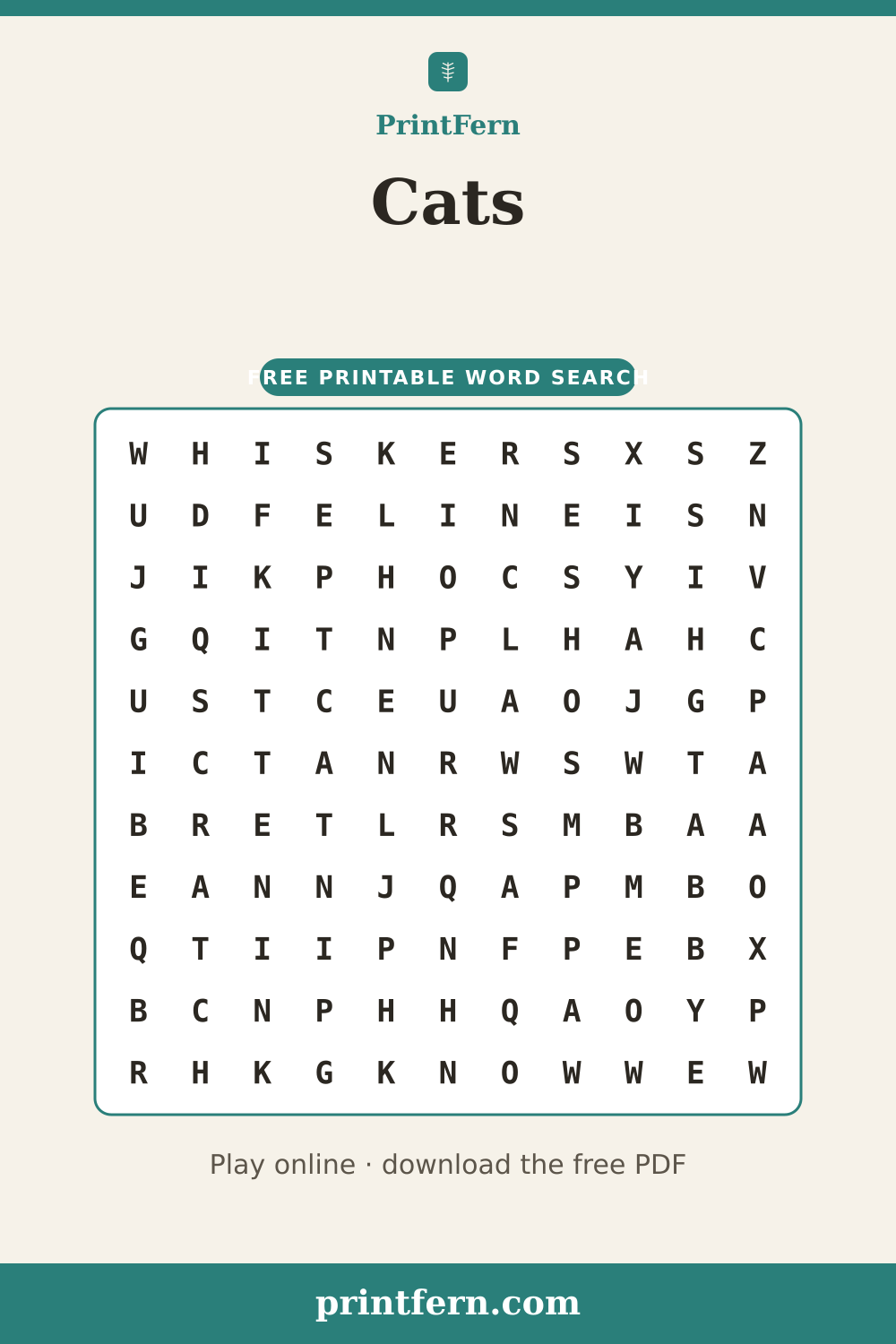 Cats Word Search, free printable PDF preview