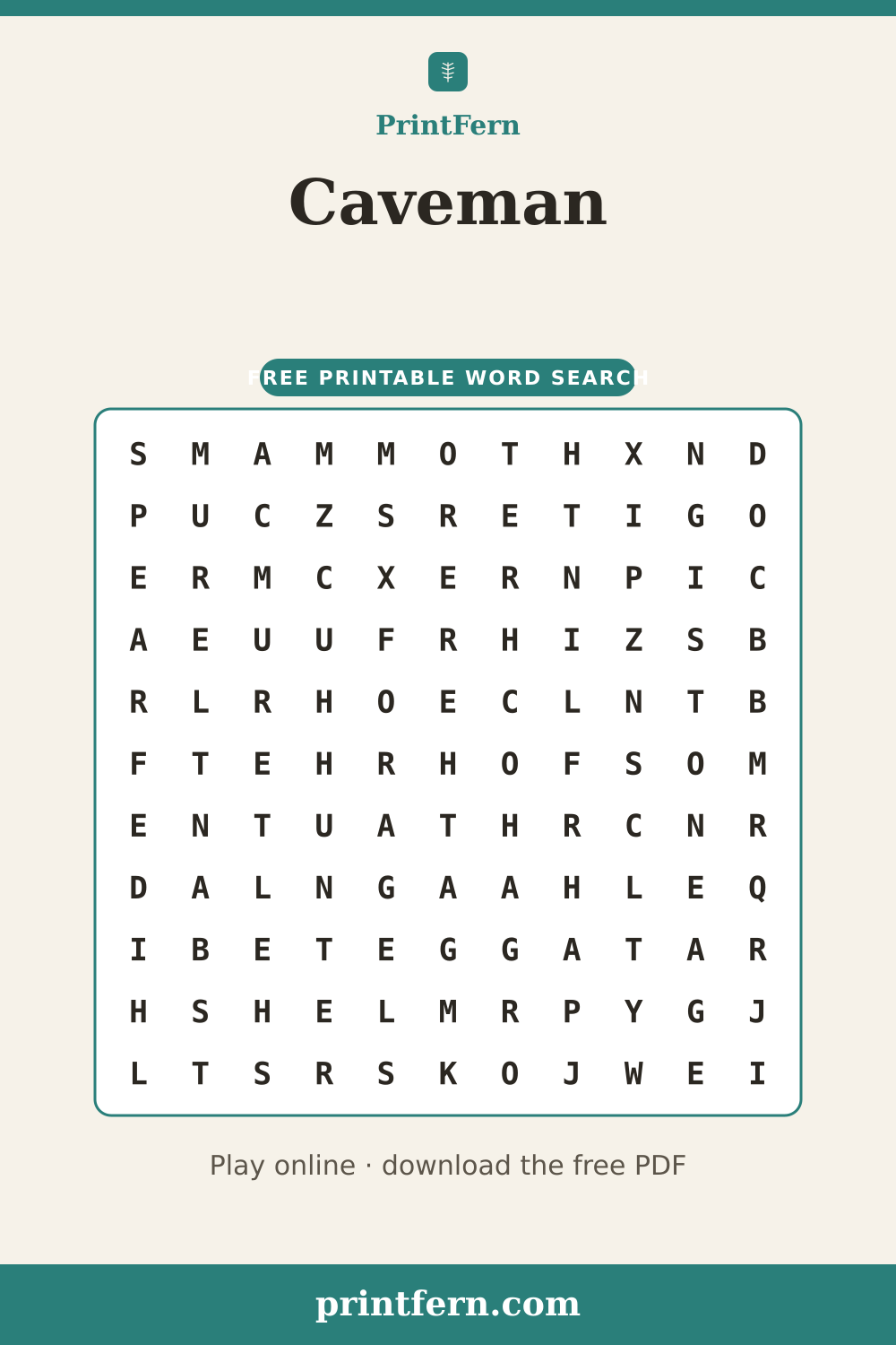 Caveman Word Search, free printable PDF preview