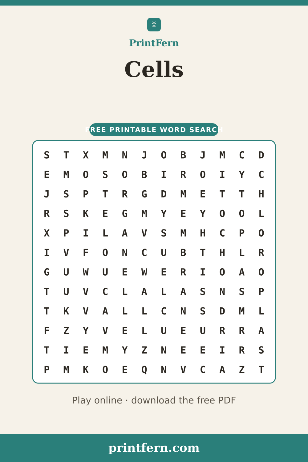 Cells Word Search, free printable PDF preview