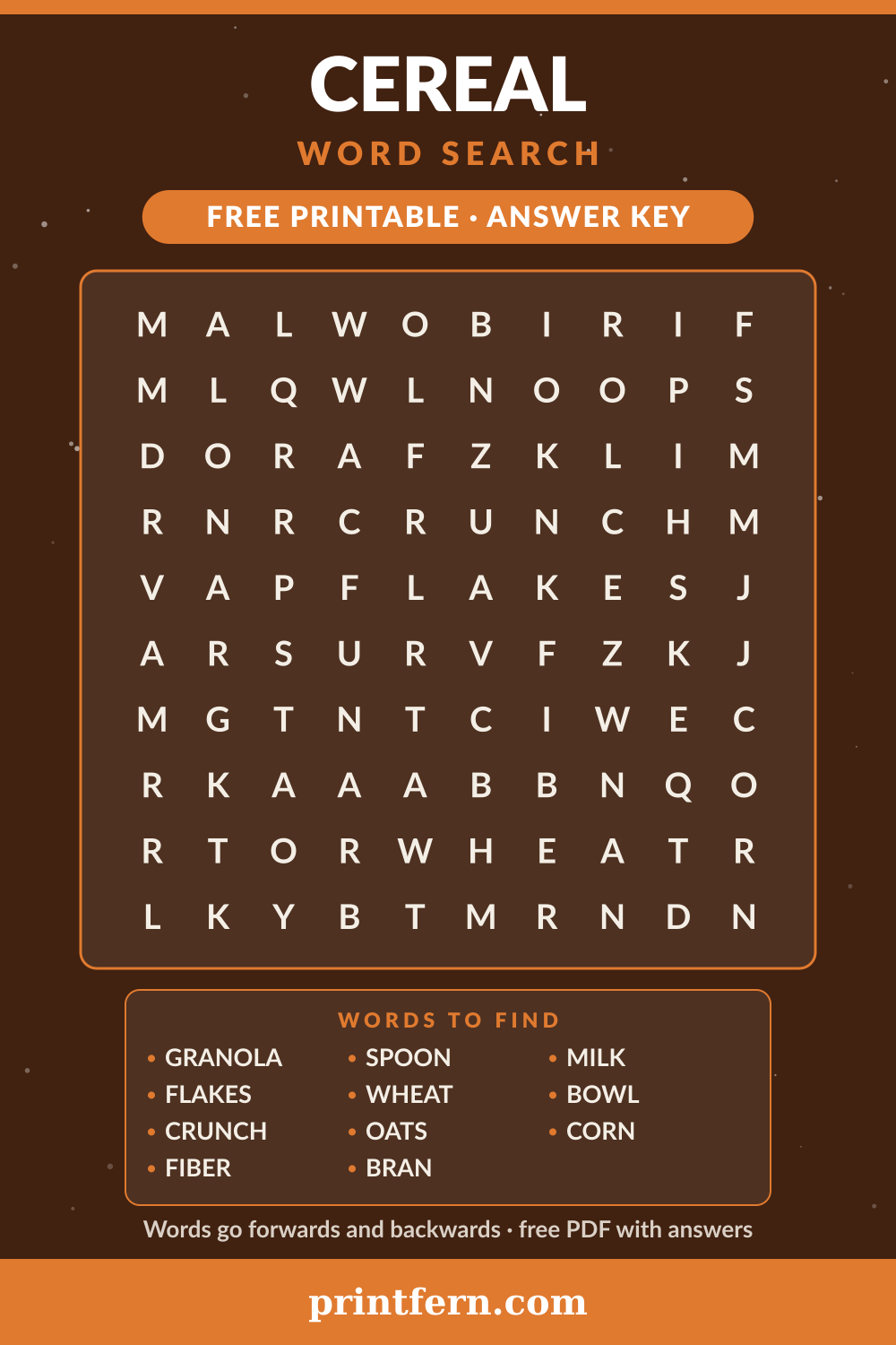 Cereal Word Search, free printable PDF preview