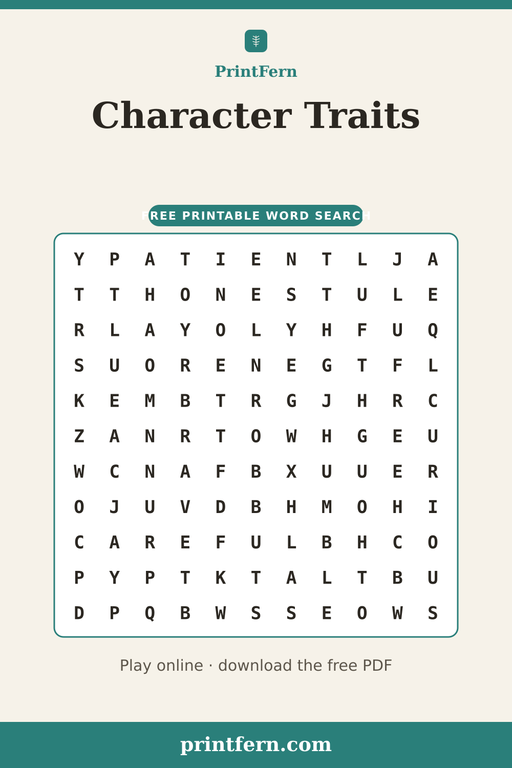 Character Traits Word Search, free printable PDF preview