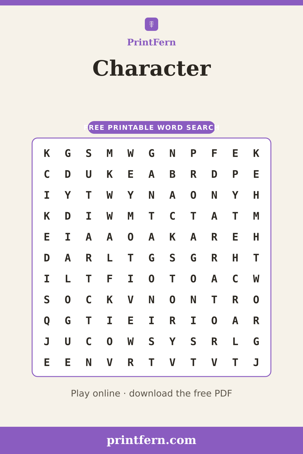 Character Word Search, free printable PDF preview