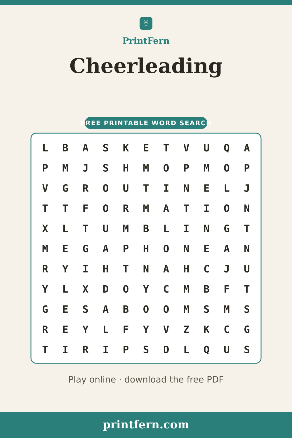 Cheerleading Word Search, free printable PDF preview
