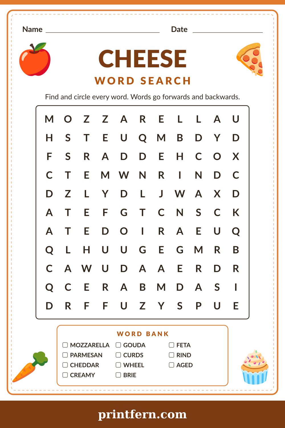 Cheese Word Search, free printable PDF preview