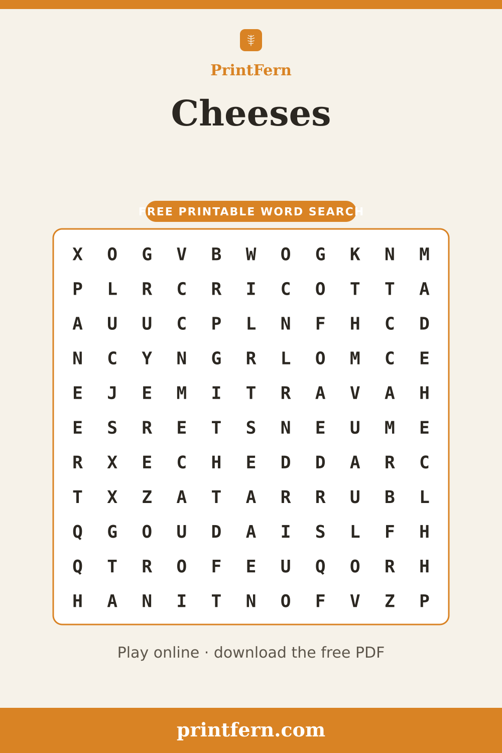 Cheeses Word Search, free printable PDF preview