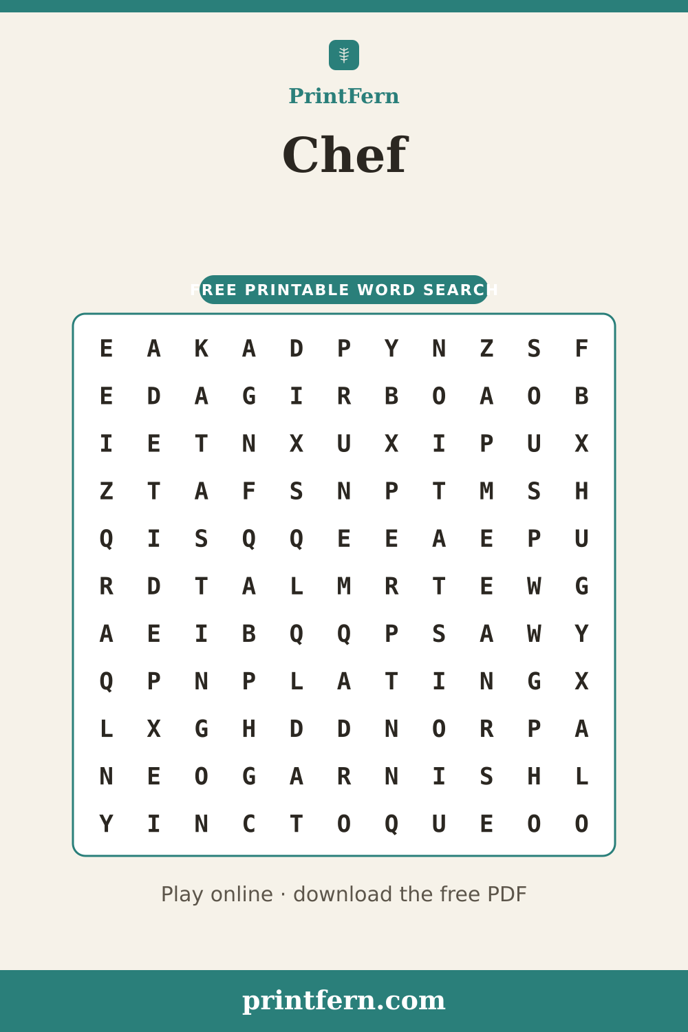Chef Word Search, free printable PDF preview