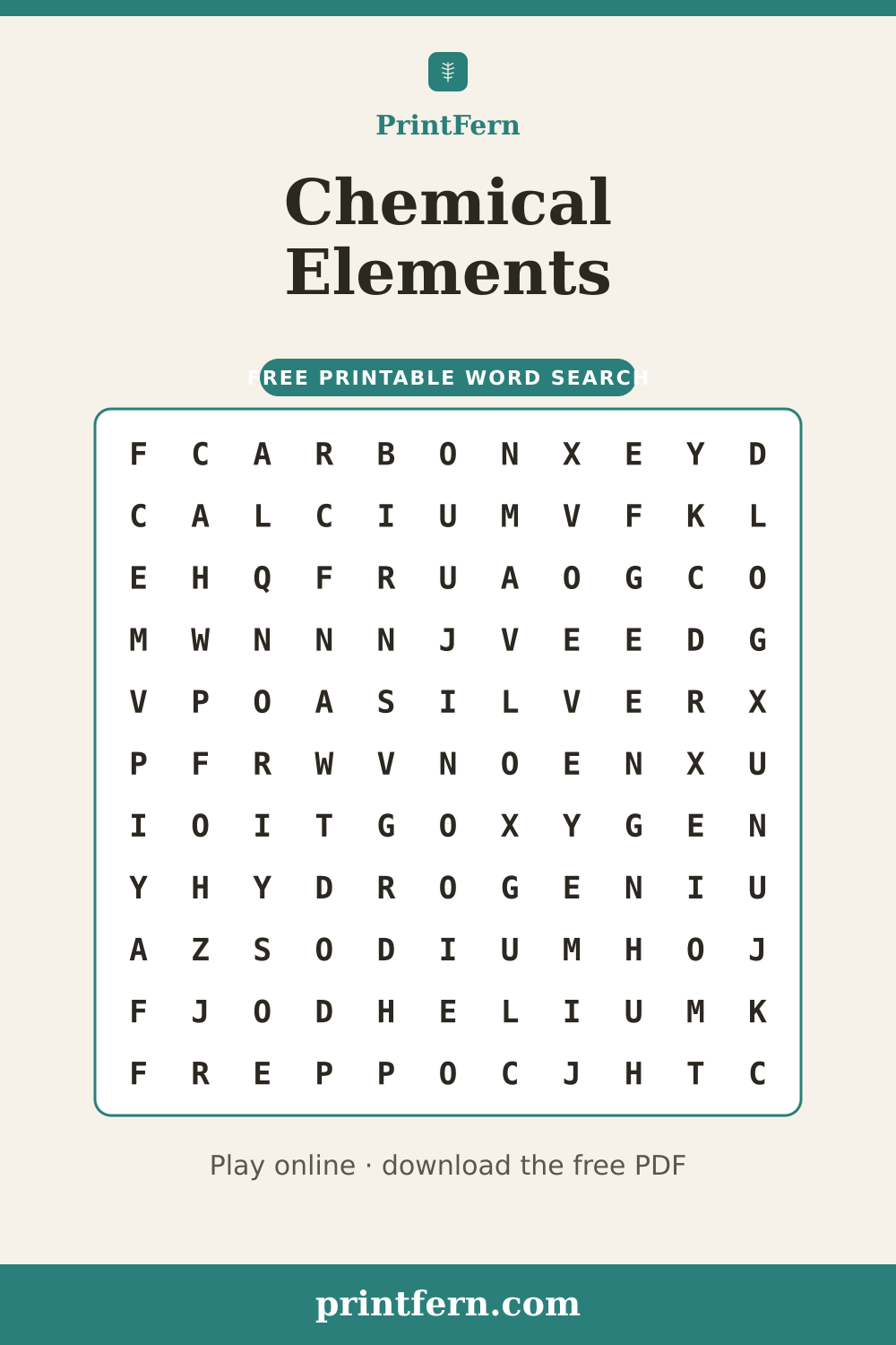 Chemical Elements Word Search, free printable PDF preview