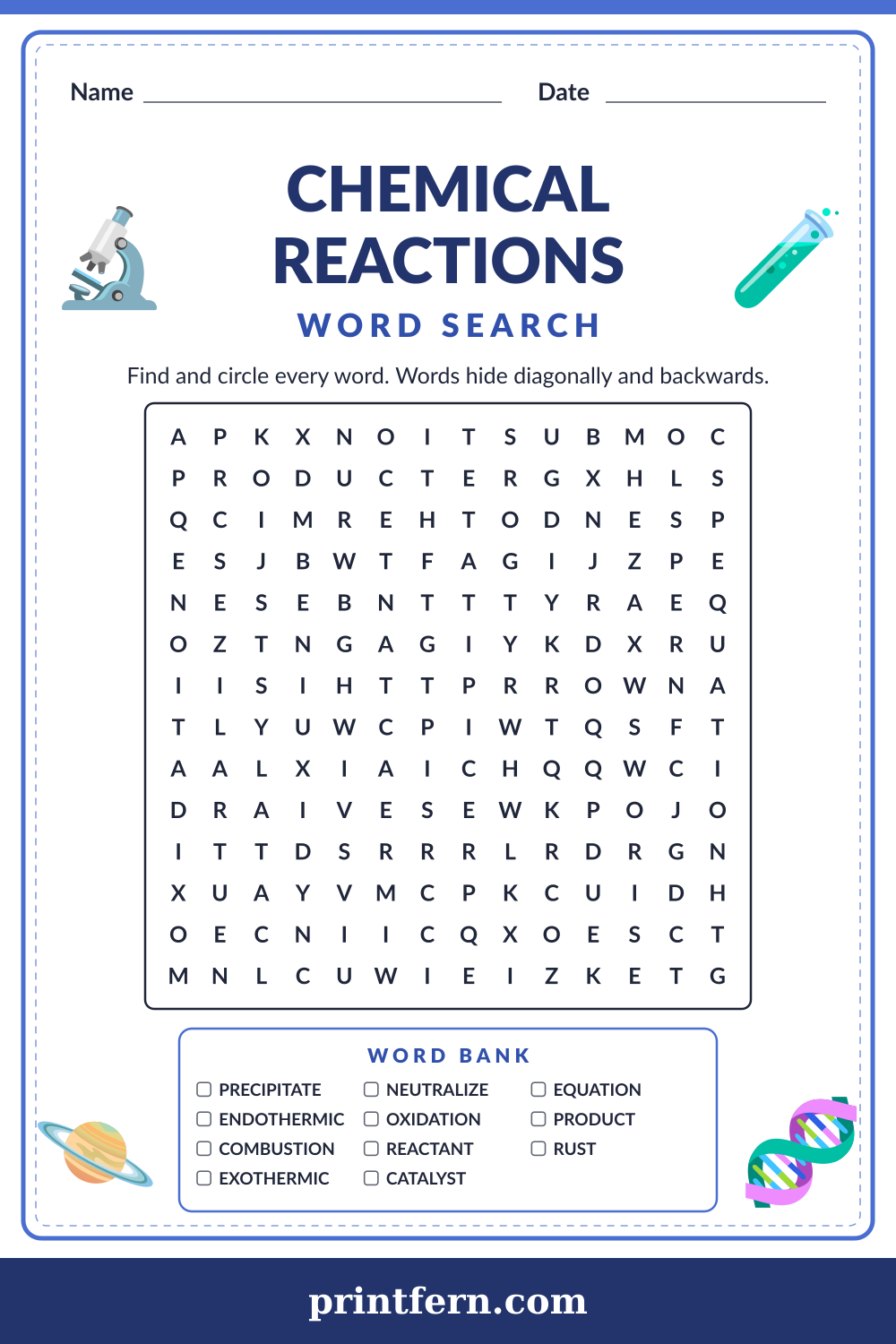 Chemical Reactions Word Search, free printable PDF preview