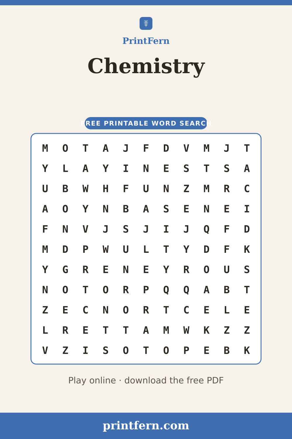 Chemistry Word Search, free printable PDF preview