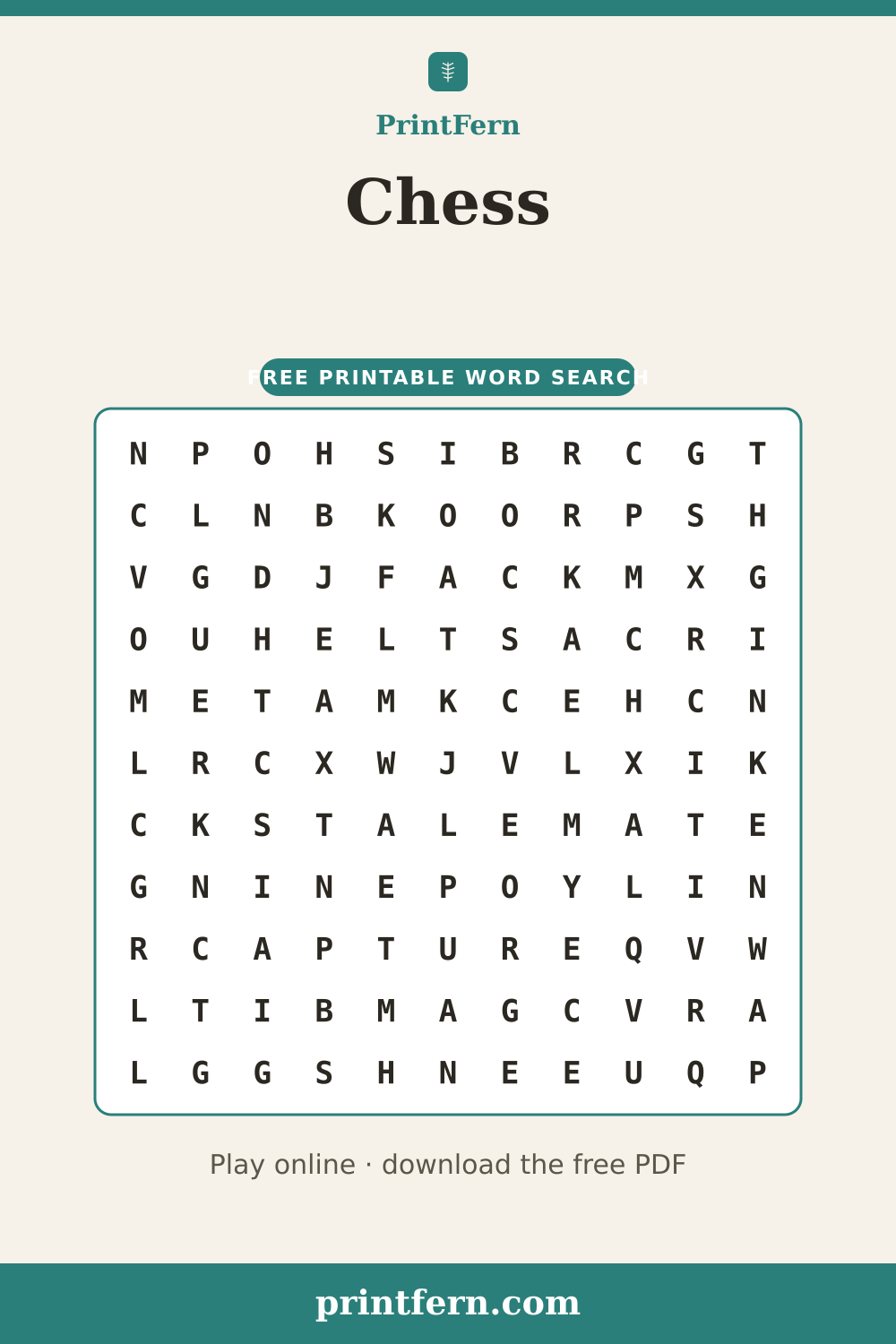 Chess Word Search, free printable PDF preview