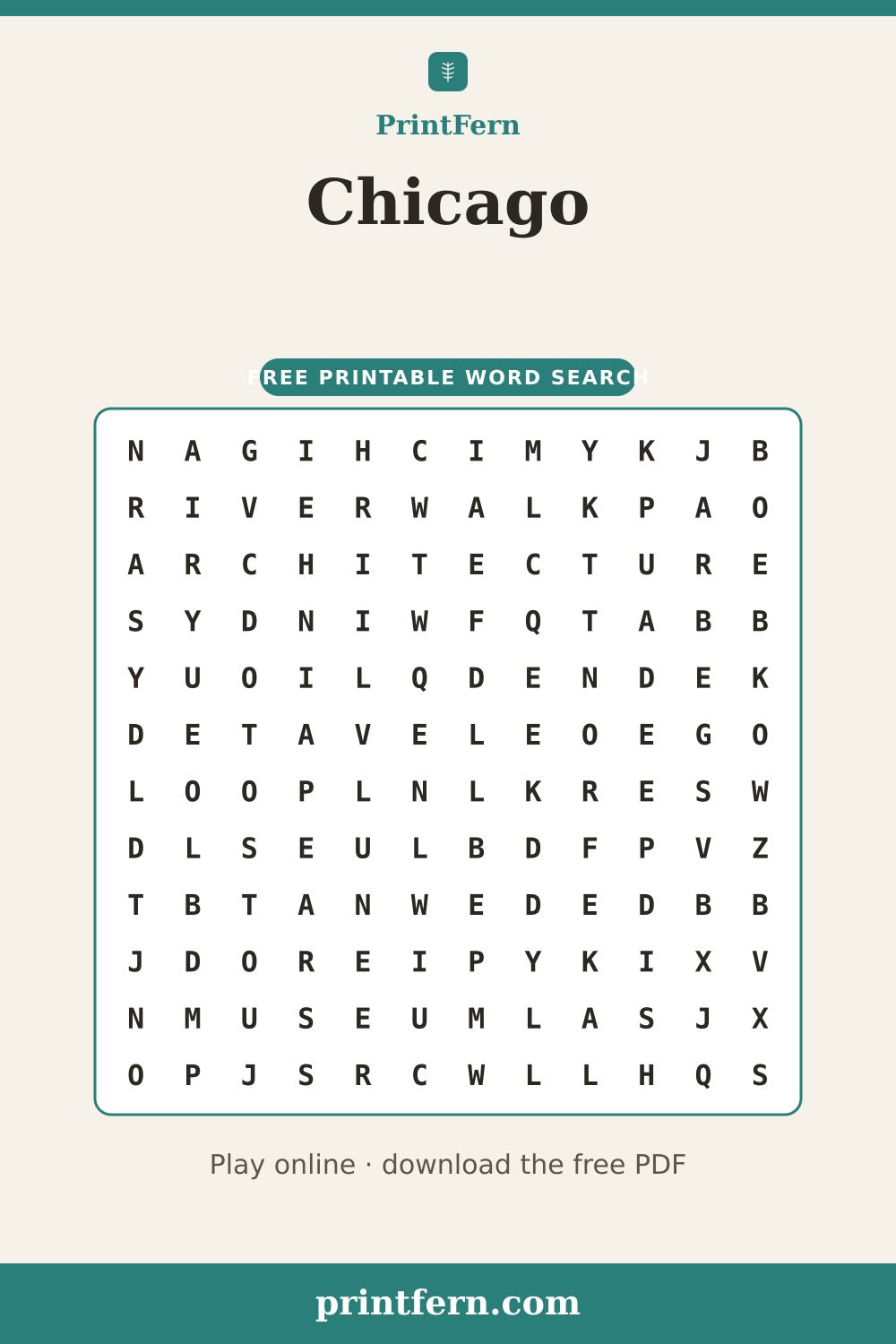 Chicago Word Search, free printable PDF preview