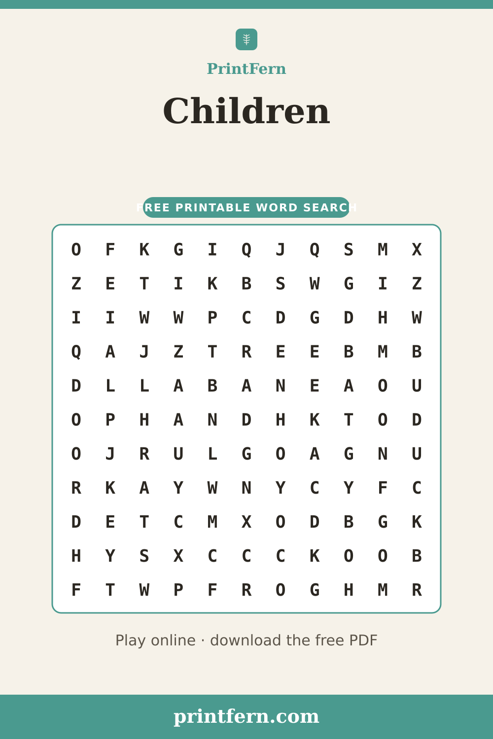 Children Word Search, free printable PDF preview