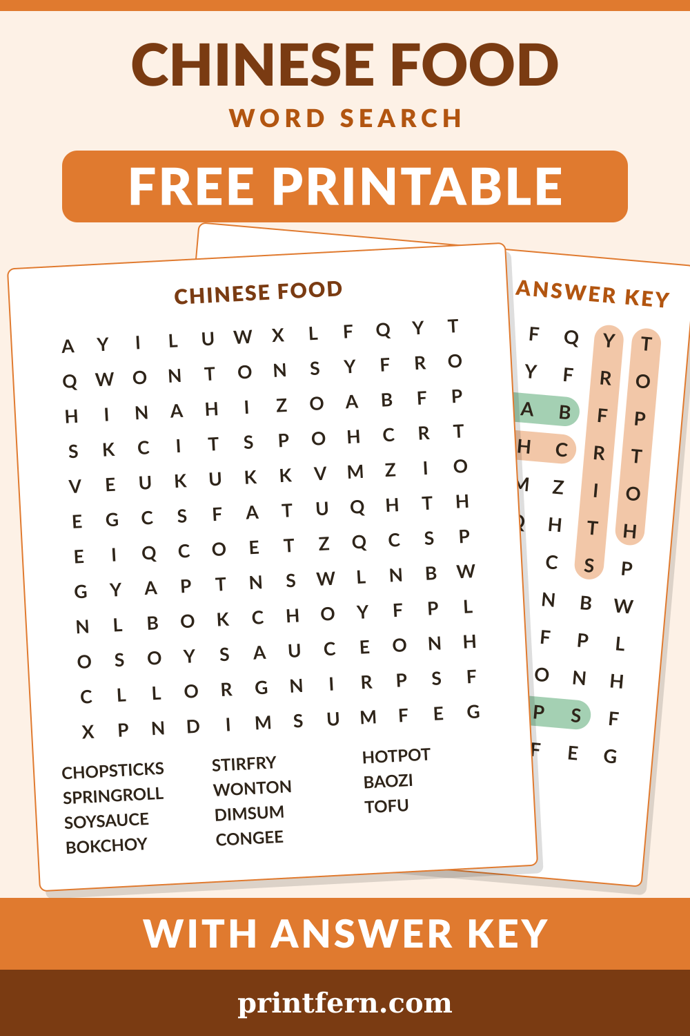 Chinese Food Word Search, free printable PDF preview