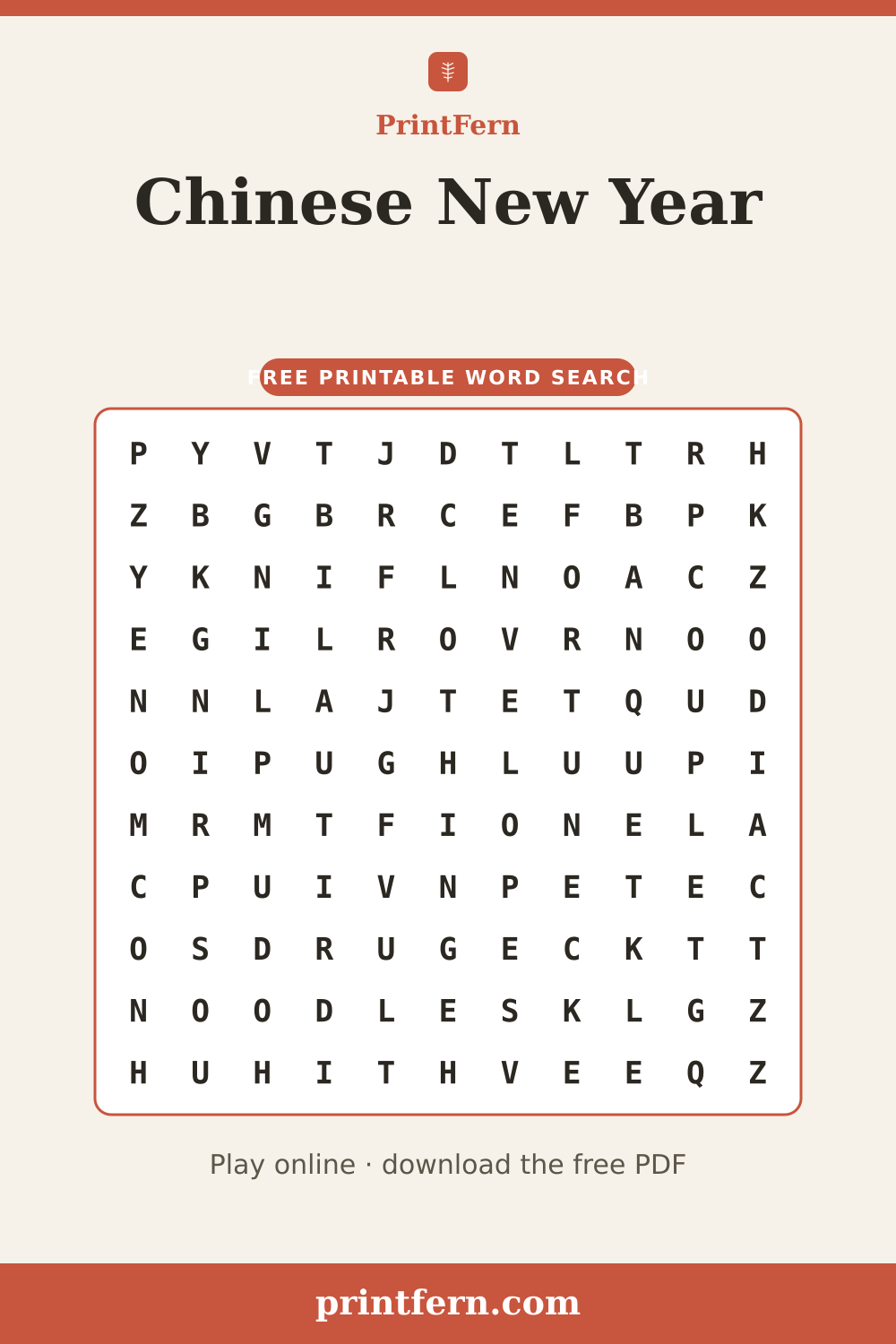 Chinese New Year Word Search, free printable PDF preview