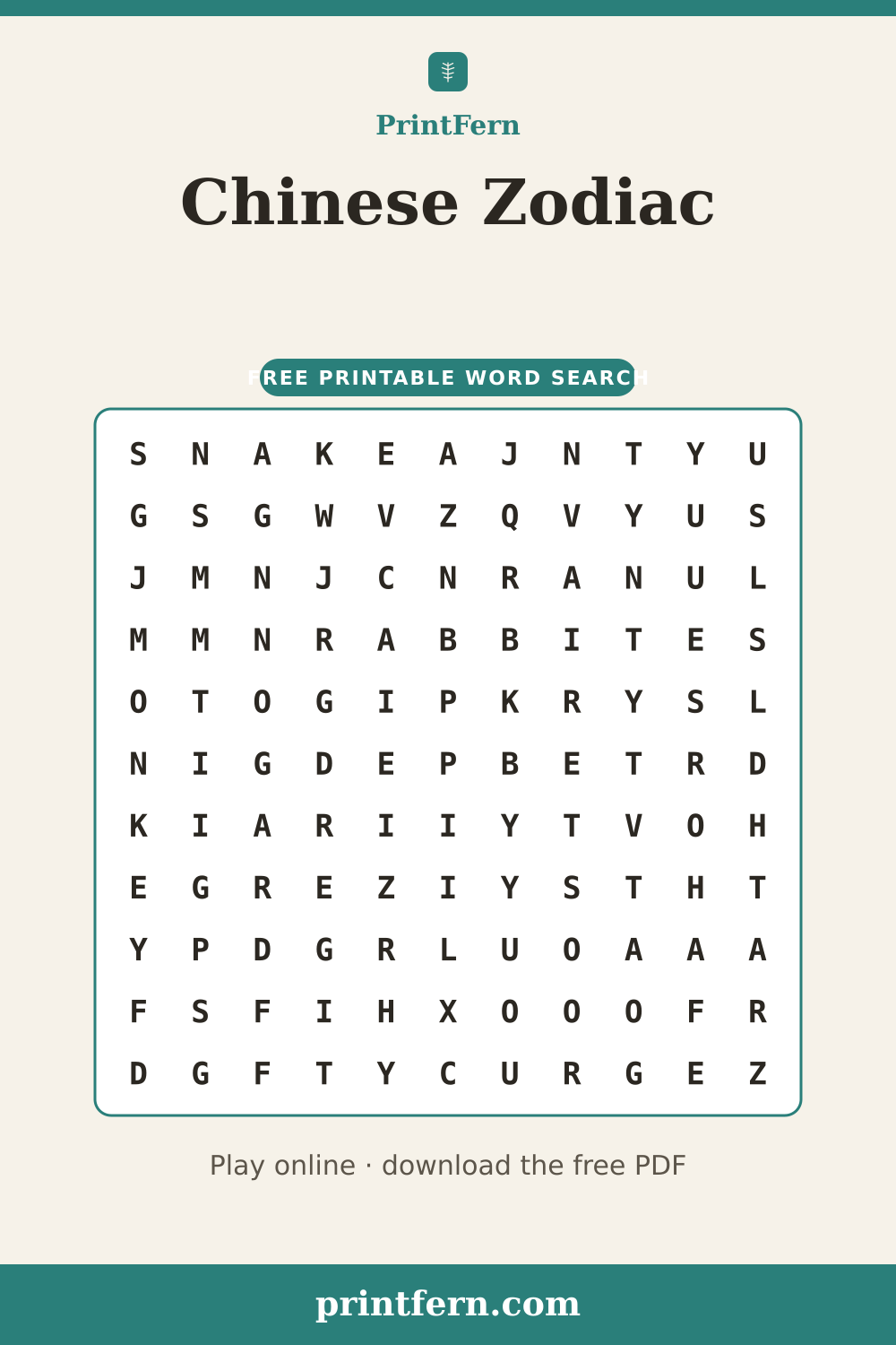 Chinese Zodiac Word Search, free printable PDF preview